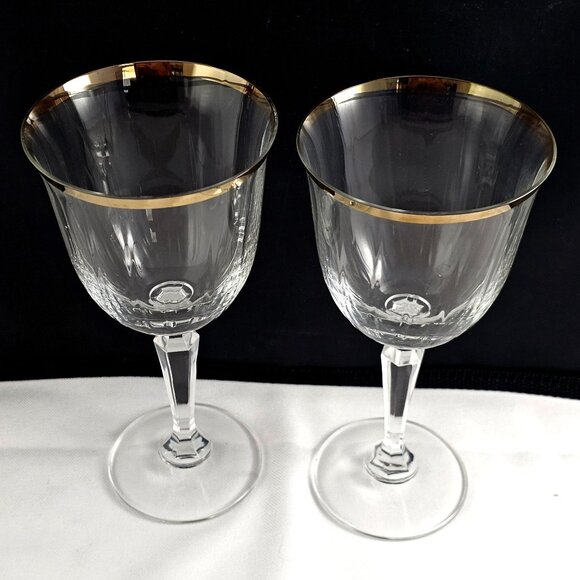 Crown Crystal Cape Cod Gold Rim Goblets 7.5" optic 24% leaded glasses 1970s 2pc - Picture 2 of 10